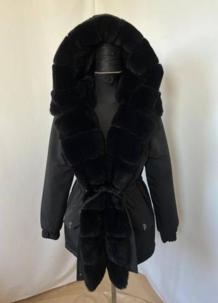 💥акційна пропозиція на парочку💥 в наявності 46 розмір, жіноча зимова парка куртка з натуральним хутром кролика рекса1 фото