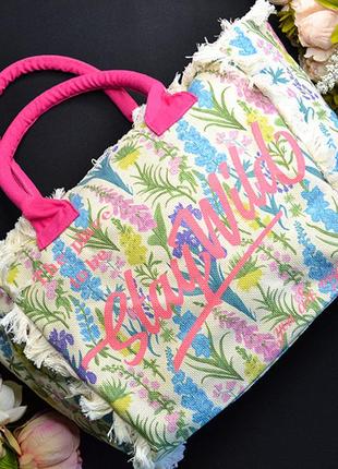 Женская сумка большая с короткой ручкой "stay wild" малиновый-розовый размер: 52х18х31 см
