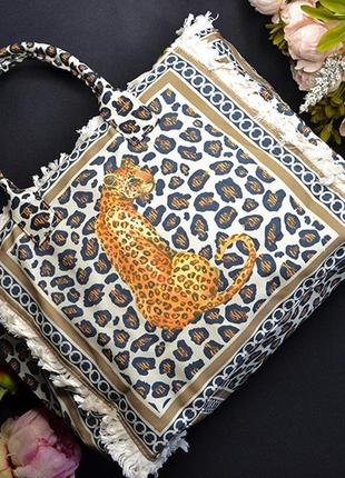 Летняя сумка женская большая с рисунком "леопард в очках" (цвет: бежевый)) размер: 46х19х32 см1 фото