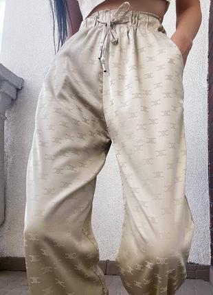 Накладний платіж❤ брюки палаццо на високій талії  з лого в стилі celine на гумці
