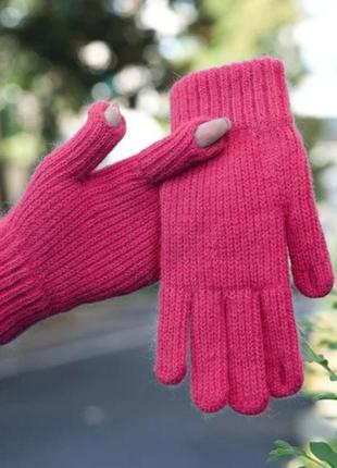 В'язані теплі рукавички яскраво-рожевий (3531)
