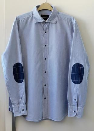 Голубая рубашка в мелкую полоску с накладками на локтях1 фото