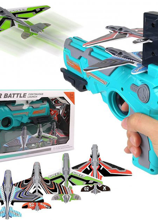 Детский игрушечный пистолет с самолетиками air battle катапульта с летающими самолётами (ab-1), цвет: си