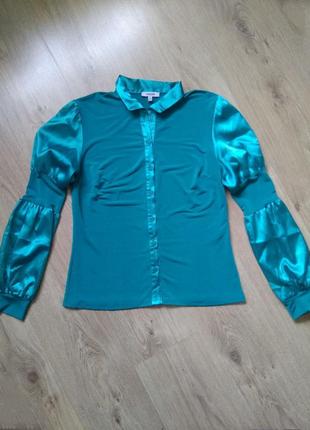Ошатна жіноча бірюзова блуза трикотаж + атлас з цікавими рукавами/турецька жіноча сорочка блузка