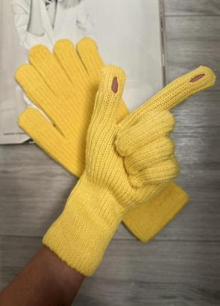 В'язані теплі рукавички довгі жовтий (3532)4 фото