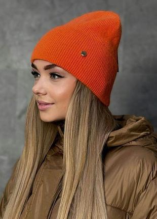 Шапка женская зимняя вязаная ангоровая оранжевая на флисе