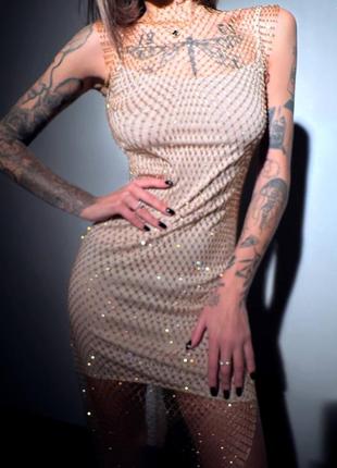 Изысканное сияющее платье из сетки со стразами на подкладке, вечернее платье мини с камушками