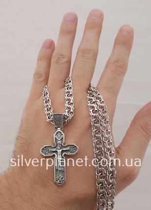 Комплект! серебряная цепочка и крестик с архангелами. мужская цепь бисмарк ширина 7 мм и крест. 55 см8 фото