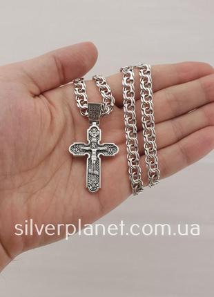 Комплект! серебряная цепочка и крестик с архангелами. мужская цепь бисмарк ширина 7 мм и крест. 55 см3 фото