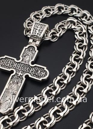 Комплект! серебряная цепочка и крестик с архангелами. мужская цепь бисмарк ширина 7 мм и крест. 55 см6 фото