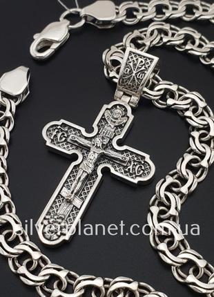 Комплект! серебряная цепочка и крестик с архангелами. мужская цепь бисмарк ширина 7 мм и крест. 55 см9 фото