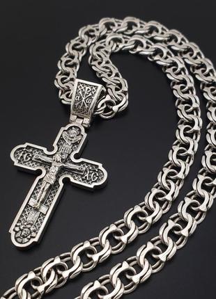 Комплект! серебряная цепочка и крестик с архангелами. мужская цепь бисмарк ширина 7 мм и крест. 55 см1 фото