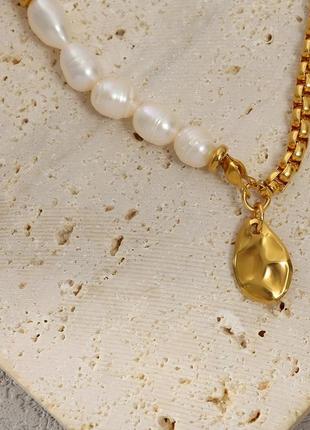 Натуральні білі перлини кольє намисто перли ползолота ланцюжок на шию чокер цепочка3 фото