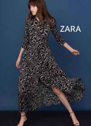 Изумительное, длинное, платье, халат, zara, на пуговицах, с карманами, натуральное, вискоза, чёрное с белым,