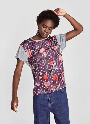 Комбинированная футболка блуза свободного кроя цветочный принт цветы горох от zara
