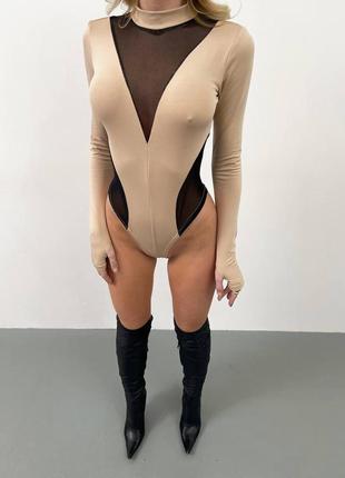 Боди черная сетка беж декольте