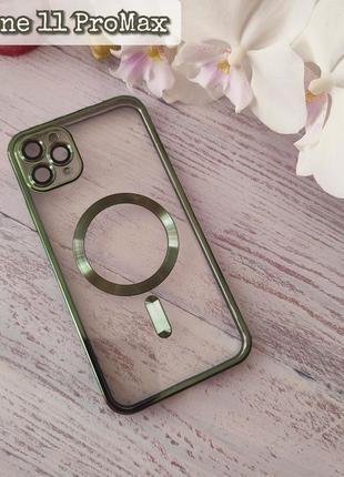 Чохол із підтримкою magsafe для iphone 11 promax прозорий силікон на айфон 11 про із захисним склом на камеру