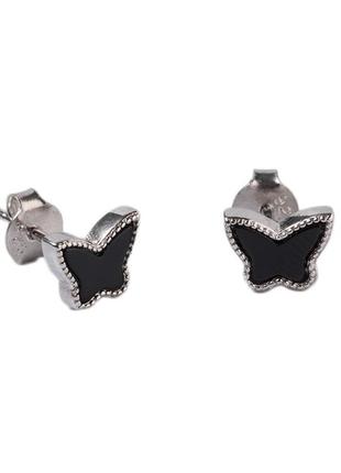 Срібні сережки пусети метелики з чорним оніксом