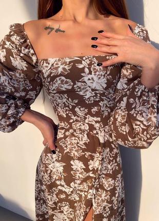 Ніжна квіткова сукня міді з розрізом на шнурівці, плаття міді з квітковим принтом6 фото