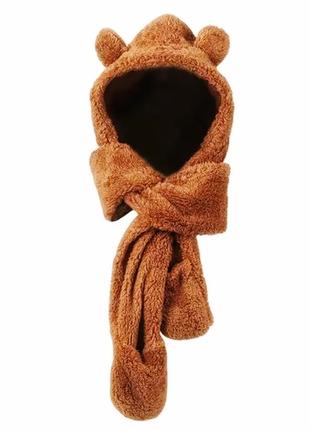 Шапка-шарф з вушками 3 в 1 (ведмедик, ведмідь, капюшон, рукавиці) з кишенями коричнева, унісекс wuke one size