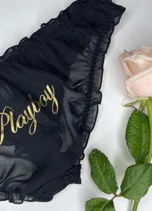 Труси трусики чорні з рюшами бантиком прозорі із сітки playboy