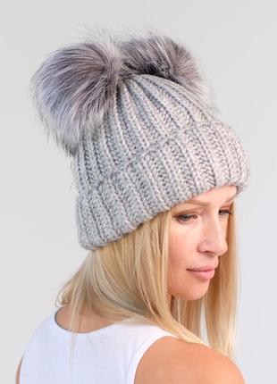 Женская теплая шапка, зимняя шапка с двумя помпонами (бубонами), вязаная шерстяная шапка с флисовой подкладкой2 фото