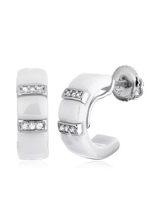 Срібні сережки з фіанітами і білою керамікою1 фото