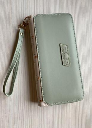 Женский кошелек-портмоне эко кожа мятного цвета бежевые цветы1 фото