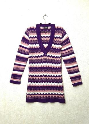 Nurum турецкая кофта удлинённая зима/деми туника в полоску фиолетовая/белая/розов женская, джемпер