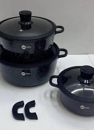 Набор кастрюль hk-325 higher kitchen с антипригарным покрытием для всех видов плит черный
