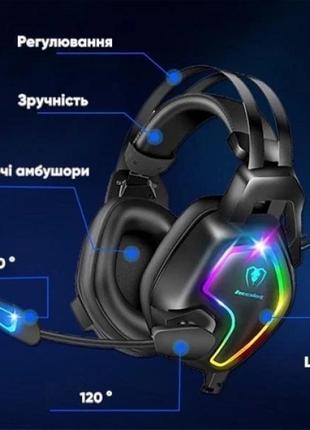 Ігрові навушники накладні з мікрофоном та підсвічуванням beexcellent pro gaming headset gm-12, стерео, чорні4 фото