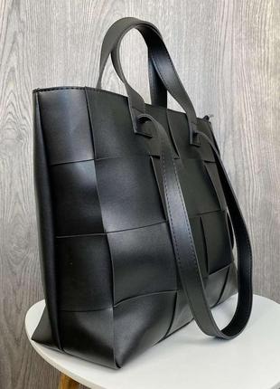 Велика жіноча модна сумка з двома ручками плетена чорна м'яка3 фото