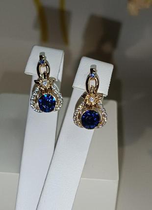 Сережки xuping позолота 18к , swarovski синій кольор/білі циркони 17мм/10мм