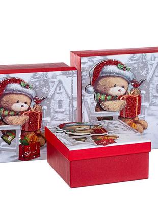Новогодние подарочные коробки набор из 3 коробок "новогодний мишка"   20*20*9,52 фото