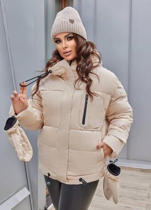 Жіноча стильна зимова куртка + рукавиці рукавички зима пуховик зимовий біла чорна оливка барбі пудра наложка післяплата батал7 фото