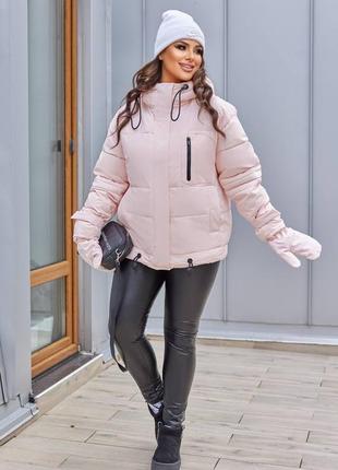 Женская стильная зимняя куртка + перчатки зима пуховик зимняя черная оливка барби пудра после платья батал2 фото