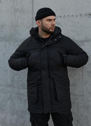 Куртка зимняя мужская до -25 с удлиненная теплая + перчатки в подарок черная парка зима с капюшоном