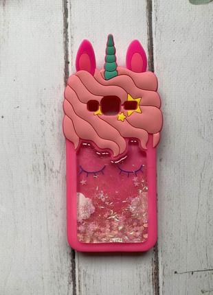 Силіконовий чохол 3d з переливаються блиском для samsung galaxy j3 / j310 / j320 яскраво рожевий єдиноріг