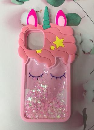 Силіконовий чохол 3d case з переливаються блиском для iphone 11 (6,1) рожевий єдиноріг