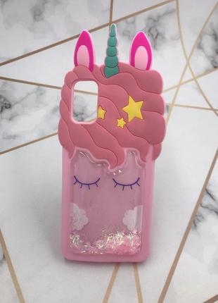 Чохол силіконовий з плаваючими блискітками для samsung galaxy а41 одноріг рожевий