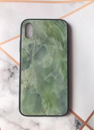 Силіконовий чохол glass case зі скляною задньою панеллю для iphone x / xs зелений мармур1 фото
