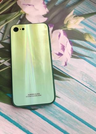 Силіконовий чохол glass case зі скляною задньою панеллю з переливами для iphone 7 7s 8 8s зелений