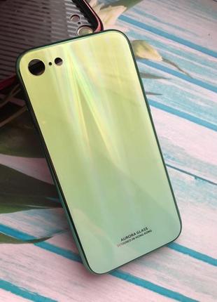 Силіконовий чохол glass case зі скляною задньою панеллю з переливами для iphone 7 7s 8 8s зелений2 фото
