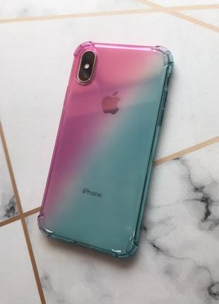 Прозрачный силиконовый чехол с утолщёнными углами для iphone x xs градиент розово-синий