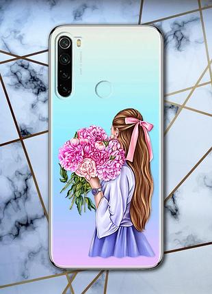 Прозорий чохол для xiaomi redmi note 8 з об'ємним друком "дівчина з півоніями" принт 11