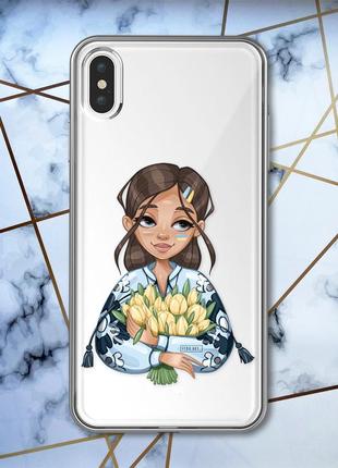 Прозрачный чехол на iphone xs max :: девушка с тюльпанами (принт 22)