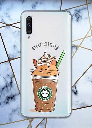 Прозрачный чехол на samsung galaxy a50 (2019) a505 :: капучино котик (принт 97)