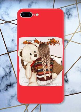 Матовый чехол с красными боками на apple iphone 7 plus/8 plus :: девочка с мишкой (принт 117)