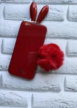 Силиконовый чехол для iphone 6 6s красный с ушками и мягким хвостиком на присоске