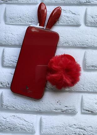 Силіконовий чохол для iphone 6 6s червоний з вушками та м'яким хвостиком на присосці